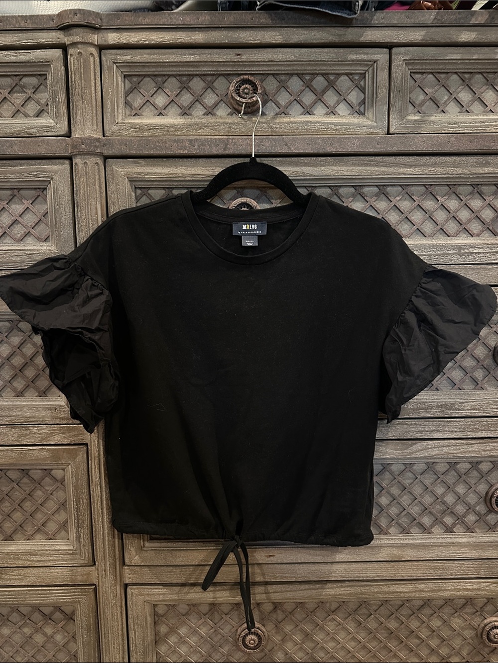 Anthropologie Maeve Black Puff-Sleeve Drawstring Tee